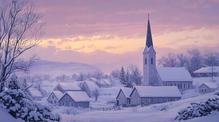 Winter Wonderland Village: Snow Covered Houses and Church at Sunrise