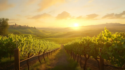 Naklejka premium Sunlit Tuscan Vineyard: Rolling Hills and Golden Hour