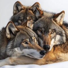 Obraz premium three wolves huddled together in the snow