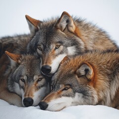 Obraz premium three wolves resting together on white snow