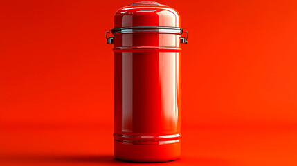 Red thermos bottle on red background.