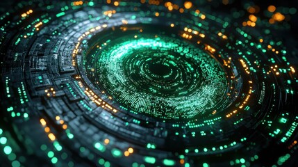 A mesmerizing circular display of digital data, featuring glowing green and orange pixels in an intricate technological design.