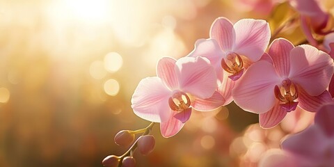 Obraz na płótnie Canvas Indoor photograph of pink orchid flowers basking in natural sunlight, showcasing the delicate beauty of pink orchids in a serene setting. The enchanting pink orchids thrive in this warm light.