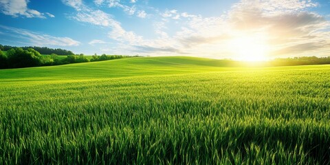 Fototapeta premium Vibrant background image showcasing lush green fields, capturing the essence of nature s beauty with rolling landscapes of green fields, ideal for conveying tranquility and freshness.