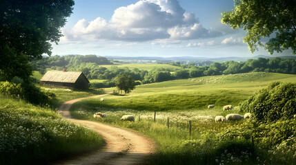 Serene Countryside Landscape: Picturesque Farmland with Sheep Grazing