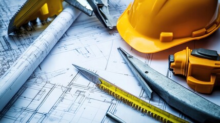 Fototapeta premium Construction Planning: Blueprint, Tools, and Safety Gear
