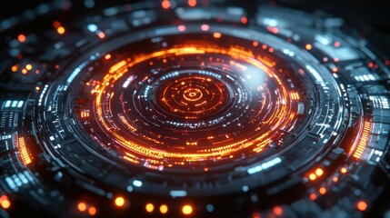 A close-up of a circular digital interface showcasing glowing orange and blue lights, representing a sci-fi control dashboard.