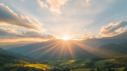Dramatic sunburst over rolling hills at sunrise nature landscape scenic outdoor view tranquil environment