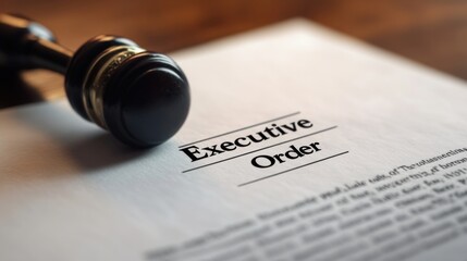 Close-up of an Executive Order Document with Gavel; Legal, Law, Government, Administration, Official, Decree, Regulation, Policy, Legislation, Rule, Mandate, Statute, Presidential