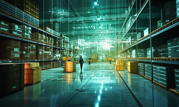 Futuristic Smart Warehouse with Digital Overlay and Workers Managing Inventory - Powered by Adobe