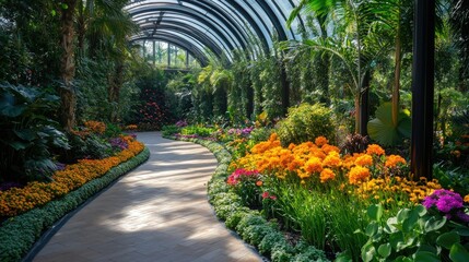 Naklejka premium Serene Botanical Garden Walkway: A Vivid Display of Floral Beauty