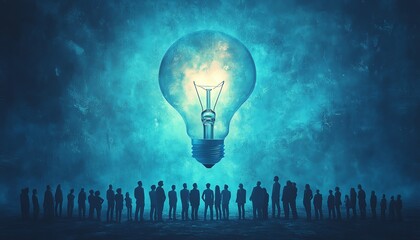 A crowd of people gazing in awe at a massive light bulb hovering above, representing the birth of a brilliant idea or vision