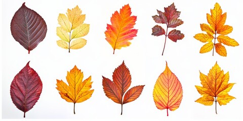 Obraz premium Beautiful autumn leaves are showcased in this striking collection, isolated on a white background. This set of autumn leaves features full depth of field and focus stacking, highlighting their beauty.