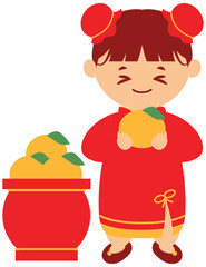Cute Child Holding Orange with Fortune Pot, Design Inspiration, Illustration, Character