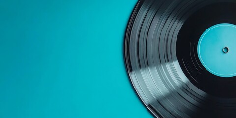 A close up of a black vinyl record set against a blue backdrop, highlighting a music theme with ample room for additional text or design elements.