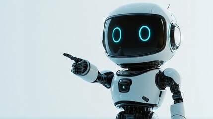 Friendly and positive cute robot pointing at blank space for copy or text placement, ideal for future technology, innovation, and advertising concepts