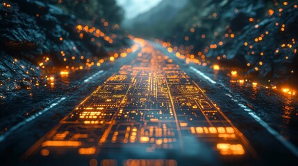 A futuristic illuminated pathway lined with glowing circuit patterns, creating a digital landscape in a misty setting surrounded by nature.