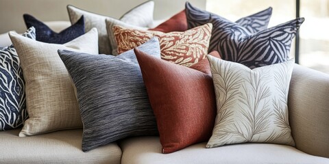 A collection of cushions arranged on a beige armchair, showcasing various designs and textures of cushions that enhance the comfort and style of the seating area. Cushions add aesthetic appeal.