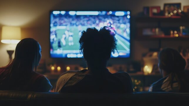 Friends gather living room in evening watch cool football match on television. African american family cheers soccer on TV, support favorite team. Sports fans at home bets on victory. Back rear view. - Powered by Adobe