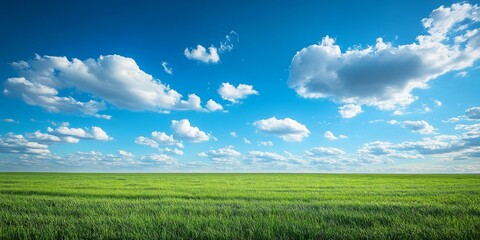Vast field under a bright blue sky adorned with fluffy clouds, showcasing the beauty of nature with an expansive view of the field complemented by the serene blue sky and clouds.