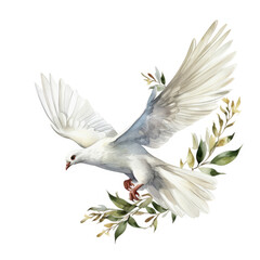 Obraz premium White Dove Soaring with Olive Branch Watercolor Art