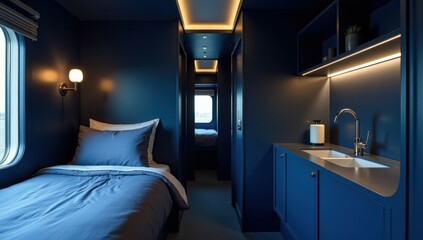 Stylish blue train cabin with a refined bed setup, soothing ambiance, and elegant modern decor, perfect for promotions.