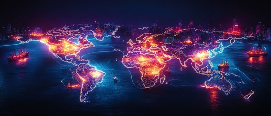 A futuristic world map illuminated with bright neon lights, depicting a variety of ships scattered across the map, navigating global waters