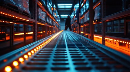 Fototapeta premium Illuminated Warehouse Aisle with Worker