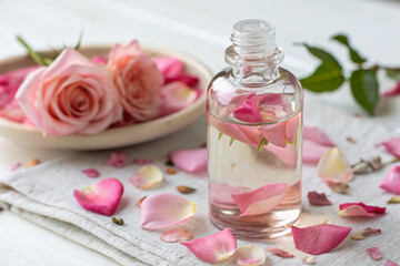 Rose oil with petals floating in the bottle