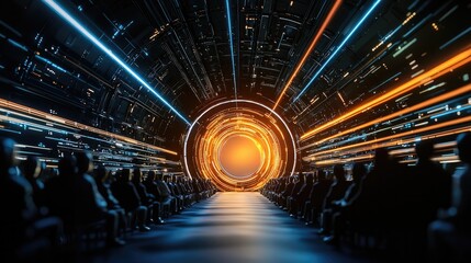 A futuristic scene depicting an audience watching a vibrant, glowing portal with dynamic light trails, suggesting themes of technology and exploration.