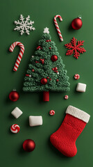 3D Knitted Christmas tree ornament socks snowflake and candy cane, red and green merry christmas and happy new year poster decoration winter background