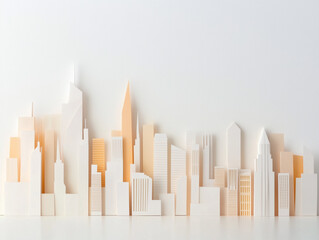 Vibrant Panoramic Paper Cut Art Showcasing a City Skyline with Modern Skyscrapers and Historical Buildings Against a Crisp White Background