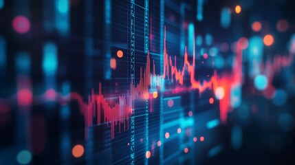 Fototapeta premium Dynamic stock market expansion with digital financial charts, graphs, and indicators on dark blue blurred background for business investment and data analysis