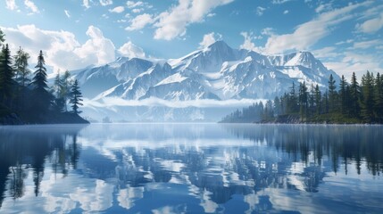 Tranquil lakeside scene with calm lake, coniferous trees, snowy mountains, and blue sky. Island in lake reflects sky and landscape, serene setting.