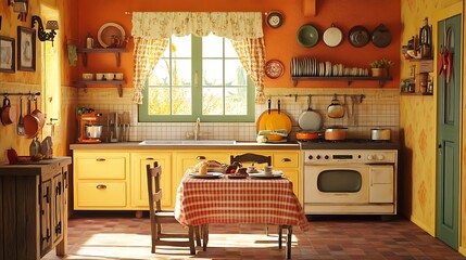 A Rustic Kitchen with Yellow Cabinets and a Red and White Checkered Tablecloth
