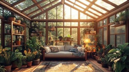 Naklejka premium Sunlit conservatory with plants, sofa, and wooden shelves.