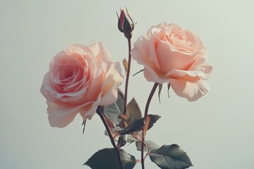 close up of two light pink roses and a bud