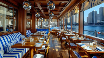 Fototapeta premium Upscale Waterfront Restaurant with Stunning City Views