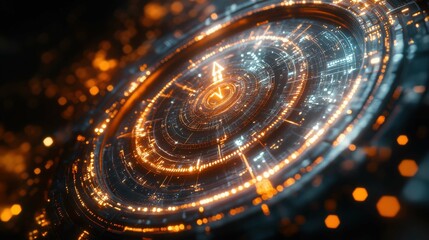 A vibrant, glowing circular interface composed of orange and blue neon lights with digital patterns, illustrating a sci-fi aesthetic.