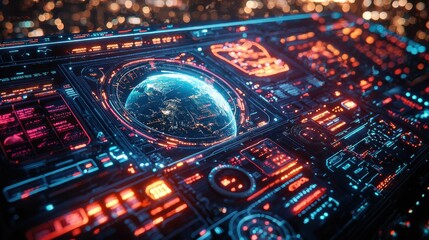 A vibrant futuristic dashboard showcasing a holographic view of Earth surrounded by glowing neon controls and intricate digital interfaces.