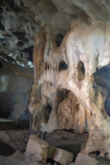Interior of the large hall of old Karain cave, hidden in Mediterranean region. Confirms human habitation since the early Paleolithic age between 150,000 and 200,000 years ago.Yagca, Antalya, Turkey.