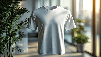 Blank White T-Shirt Mockup in Modern Office Setting with Plants and City View