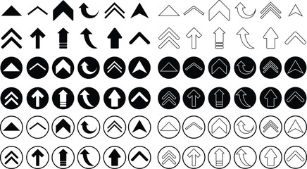 Upward arrows icons Set. Scroll illustration signs. Animation of arrow bouncing as it slide up. Graphic flat and outline elements suitable for apps and websites isolated on transparent background.