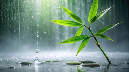 Serene Bamboo Branch in Gentle Rainfall, Reflecting on Still Water with Smooth Stones