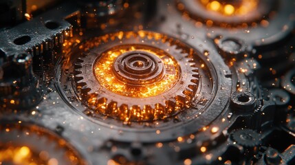 The image showcases a close-up view of intricate gears with warm orange sparks, exemplifying a steampunk aesthetic and mechanical design.