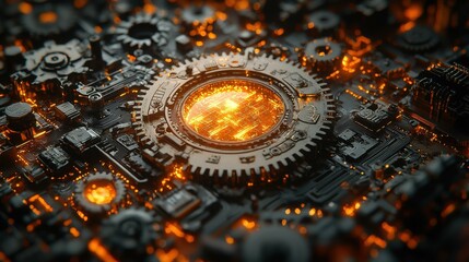 A close-up view of an intricate, glowing circuit board with a central gear-like component, representing advanced technology and futurism.