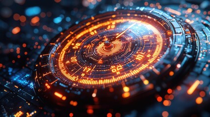 A vibrant, futuristic dashboard displays a circular control panel with glowing orange details and intricate designs, creating a tech-inspired atmosphere.