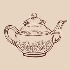Teapot of tea with chamomile. Hand drawn vector illustration in outline style.