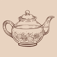 Teapot of tea with berries. Hand drawn vector illustration in outline style.
