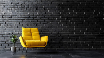 Brick accent wall in modern black interior with mustard armchair. dark and colourful decor in industrial loft style. Cinder. Illustration